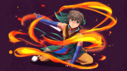 Rule 34 | blue eyes, brown hair, fire, highres, jewelry, male focus, necklace, prince toma, ranma 1/2, sash, sheath, sword, weapon