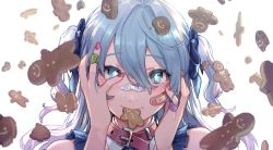 Rule 34 | + +, 1girl, backlighting, bandaid, bandaid on cheek, bandaid on face, bandaid on hand, bare shoulders, belt collar, blue eyes, blue hair, blush, closed mouth, collar, commentary request, food in mouth, gingerbread man, hair between eyes, hands on own face, hands up, highres, long hair, looking at viewer, mouth hold, nail polish, original, portrait, red collar, red nails, saino misaki, simple background, sleeveless, smile, solo, two side up, white background