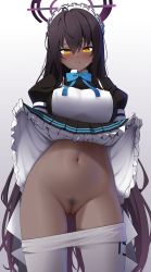 Rule 34 | 1girl, absurdres, apron, black dress, black hair, blue archive, blue bow, blue bowtie, blush, bow, bowtie, breasts, cleft of venus, closed mouth, clothes lift, clothes pull, cowboy shot, dark-skinned female, dark skin, dress, dress lift, female pubic hair, frilled dress, frills, from below, gluteal fold, gradient background, groin, halo, highres, karin (blue archive), large breasts, lifting own clothes, long hair, looking at viewer, looking down, maid, maid headdress, navel, no panties, pants, pants pull, pantyhose, pantyhose pull, pubic hair, puffy short sleeves, puffy sleeves, pussy, short sleeves, solo, stomach, uncensored, very long hair, white apron, white pants, white pantyhose, yellow eyes, yoga pants, z.taiga