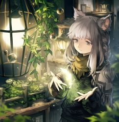 Rule 34 | 1girl, animal ears, blurry, braid, cat ears, dark, depth of field, fantasy, feathers, fence, flower, frown, glowing, glowing feather, hands up, highres, lamp, lee hyeseung, light, light particles, long hair, night, original, sad, scarf, shawl, grey eyes, silver hair, solo