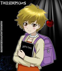 Rule 34 | 1girl, animification, apple, backpack, bag, blonde hair, blush, copyright name, death note, death note (object), death tome, dress, facing viewer, food, fotanimaciones, fruit, hair between eyes, hugging object, jacket, jewelry, light blush, lisa simpson, looking at viewer, necklace, outline, pearl necklace, pink bag, randoseru, red apple, red dress, short hair, smile, solo, the simpsons, treehouse of horror, watermark, web address, white outline