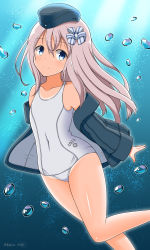 Rule 34 | 10s, absurdres, black hat, black jacket, blonde hair, blue eyes, flat chest, freediving, garrison cap, hat, highres, jacket, kamishiro (rsg10679), kantai collection, long hair, one-piece swimsuit, one-piece tan, school swimsuit, smile, solo, swimsuit, swimsuit under clothes, tan, tanline, u-511 (kancolle), underwater, white one-piece swimsuit, white school swimsuit