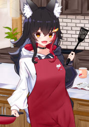 Rule 34 | 1girl, :d, absurdres, animal ear fluff, apple, black hair, black hoodie, blush, brown eyes, cup, fang, food, fruit, frying pan, hair between eyes, highres, holding, holding spatula, hololive, hood, hoodie, indoors, long hair, long sleeves, looking at viewer, miaruri, multicolored hair, ookami mio, ookami mio (casual), open mouth, plant, potted plant, puffy long sleeves, puffy sleeves, red apple, red hair, skin fang, smile, solo, spatula, speech bubble, streaked hair, two-tone hoodie, virtual youtuber, white hoodie, wolf girl