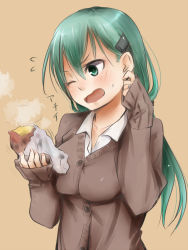 Rule 34 | 10s, 1girl, akino shuu, brown background, collarbone, flying sweatdrops, food, green eyes, green hair, hair ornament, hairclip, holding, jacket, jewelry, kantai collection, long hair, looking at another, matching hair/eyes, one eye closed, open mouth, ring, school uniform, short sleeves, simple background, sleeves past wrists, solo, steam, suzuya (kancolle), upper body