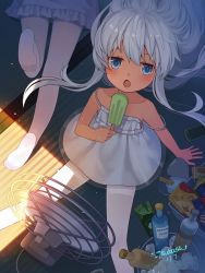 Rule 34 | 10s, 1girl, absurdres, alternate costume, artist name, blue eyes, collarbone, dated, dress, electric fan, feet, food, hibiki (kancolle), highres, holding, holding food, ice, jitome, kantai collection, long hair, no shoes, open mouth, pantyhose, popsicle, russian text, silver hair, soles, solo focus, tsubasa tsubasa, white dress, white pantyhose