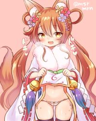 Rule 34 | 1girl, :d, animal ears, bad id, bad pixiv id, bell, black thighhighs, blush, bow, bow panties, brown eyes, brown hair, cameltoe, clothes lift, cowboy shot, fang, flower, fox ears, fox girl, fox tail, fur collar, gluteal fold, hair between eyes, hair flower, hair ornament, hair rings, heavy breathing, japanese clothes, jingle bell, kimono, kimono lift, korin (shironeko project), lifted by self, long hair, long sleeves, looking at viewer, low twintails, mashiro miru, navel, open mouth, panties, pink background, purple flower, red flower, ribbon-trimmed legwear, ribbon-trimmed sleeves, ribbon trim, shide, shironeko project, side-tie panties, sidelocks, simple background, skindentation, smile, solo, sweat, tail, thighhighs, translation request, twintails, twitter username, underwear, very long hair, white kimono, white panties, wide sleeves, yellow flower