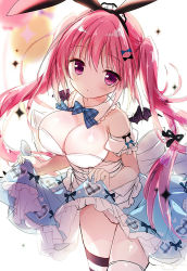 Rule 34 | 1girl, arm strap, balloon, bare shoulders, blurry, blurry background, blush, breasts, cleavage, clothes lift, commentary request, detached collar, dress, dress lift, floating hair, hair between eyes, hairband, lifting own clothes, long hair, looking at viewer, medium breasts, original, pink eyes, pink hair, shiromochi sakura, solo, sparkle, thighhighs, twintails