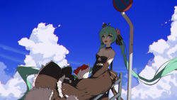 Rule 34 | 1girl, bare shoulders, black choker, black dress, blue eyes, blue sky, bouquet, breasts, choker, cleavage, cloud, collarbone, commentary, day, dress, flower, frilled choker, frilled dress, frills, green hair, hair between eyes, hatsune miku, highres, long hair, medium breasts, no stopping sign, outdoors, railing, red flower, red rose, road sign, rose, sign, sky, solo, strapless, strapless dress, twintails, very long hair, vocaloid, zhayin-san