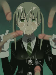 Rule 34 | 00s, 1girl, bukkake, censored, cum, cum on body, cum on clothes, facial, gloves, green eyes, humiliation, ice place, maka albarn, necktie, penis, penis grab, sad, school uniform, soul eater, striped necktie, tearing up, twintails, white gloves