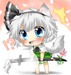 Rule 34 | !?, 1girl, animal ears, ascot, bad id, bad pixiv id, blue eyes, blush, chibi, dog ears, dog tail, fang, female focus, flower, hairband, kemonomimi mode, konpaku youmu, konpaku youmu (ghost), petals, rebecca (keinelove), sheath, sheathed, short hair, skirt, skirt set, solo, ^^^, sword, tail, tassel, touhou, weapon