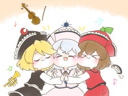 Rule 34 | &gt; &lt;, 3girls, :d, black headwear, blonde hair, brown hair, cheek-to-cheek, closed eyes, cowboy shot, crescent, crescent hat ornament, frilled hat, frills, grey hair, hat, hat ornament, heads together, highres, holding hands, instrument, keyboard (instrument), long sleeves, lunasa prismriver, lyrica prismriver, mashumaro toho, merlin prismriver, multiple girls, musical note, open mouth, pink headwear, red headwear, siblings, sisters, smile, star (symbol), star hat ornament, sun hat ornament, touhou, trumpet, violin