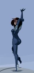 Rule 34 | 1990s (style), 1girl, absurdres, ass, black hair, bodysuit, breasts, cyborg, facial mark, from behind, alita, battle angel alita, highres, morganagod, short hair, small breasts, solo, standing, standing on one leg, tiptoes
