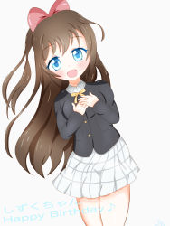 Rule 34 | 1girl, aqua eyes, artist name, artist request, bare legs, black cardigan, black jacket, blue eyes, blush, bow, breasts, brown hair, buttons, cardigan, checkered clothes, checkered skirt, collared shirt, female focus, floating hair, hair between eyes, hair bow, hand on own chest, highres, jacket, long hair, long sleeves, looking at viewer, love live!, love live! nijigasaki high school idol club, miniskirt, musical note, nijigasaki school uniform, osaka shizuku, parted lips, plaid, plaid skirt, pleated, pleated skirt, ponytail, red bow, ribbon, school uniform, shirt, skirt, small breasts, smile, solo, wavy hair, white background, white shirt, white skirt, yellow buttons, yellow neckwear, yellow ribbon
