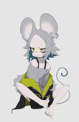 Rule 34 | 1girl, abata10, animal ears, bare shoulders, barefoot, between legs, full body, grey hair, grey shirt, hand between legs, highres, jacket, jacket partially removed, medium hair, mouse ears, off-shoulder shirt, off shoulder, original, shirt, simple background, sitting, solo, tail, teeth, v arms, white background, yellow eyes