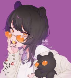 Rule 34 | 1girl, absurdres, animal ears, black hair, candy, colored inner hair, commentary request, food, hand on own face, highres, lollipop, looking at viewer, looking over eyewear, looking over glasses, mizuki mau, mouse ears, multicolored hair, nail polish, orange-tinted eyewear, orange-tinted glasses, orange eyes, original, portrait, purple background, solo, stuffed animal, stuffed toy, sunglasses, teddy bear, teeth, tinted eyewear
