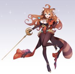 Rule 34 | 1girl, ahoge, animal ears, ankkoyom, aqua eyes, ascot, bad id, bad pixiv id, bodysuit, bow, braid, breasts, brown hair, center opening, commentary request, floating hair, full body, hair bow, hair ornament, hand up, high heels, highres, holding, holding sword, holding weapon, leg up, long hair, long sleeves, looking at viewer, low neckline, open mouth, original, raccoon ears, raccoon girl, raccoon tail, red: pride of eden, side braid, single braid, solo, sword, tail, tight clothes, weapon, white bow