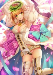 Rule 34 | 1girl, arms up, blonde hair, blue bow, boots, bow, breasts, cleavage, detached sleeves, fate/extra, fate/extra ccc, fate (series), flower, green eyes, grin, highres, leotard, long hair, long sleeves, looking at viewer, medium breasts, milcho, nero claudius (bride) (fate), nero claudius (bride) (third ascension) (fate), nero claudius (fate), nero claudius (fate) (all), petals, pink flower, smile, solo, strapless, strapless leotard, thigh boots, thighhighs, white footwear, white leotard, white sleeves
