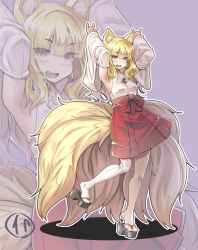 Rule 34 | 1girl, :d, animal ear fluff, animal ears, armpits, arms up, blonde hair, blush, brown eyes, detached sleeves, double m/, fang, fluffy, fox ears, fox shadow puppet, fox tail, hakama, hakama short skirt, hakama skirt, highres, itou ryuusei, japanese clothes, large tail, long hair, looking at viewer, m/, magatama, miko, multiple tails, open mouth, original, red hakama, red skirt, shirt, skirt, slit pupils, smile, solo, tail, thighhighs, white shirt, white thighhighs, wide sleeves, zoom layer