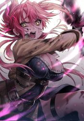 Rule 34 | 1girl, blood, blood on face, breasts, eiyuu densetsu, fighting, gloves, han (ateez hncrn), highres, holding, holding sword, holding weapon, jacket, large breasts, open mouth, pink hair, ponytail, sara valestein, sen no kiseki, solo, sword, weapon, yellow eyes