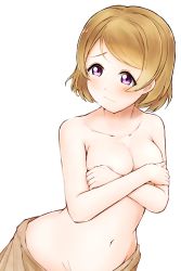 Rule 34 | 10s, 1girl, areola slip, blush, breasts, brown hair, closed mouth, covering privates, covering breasts, embarrassed, highres, koizumi hanayo, looking away, love live!, love live! school idol project, medium breasts, navel, purple eyes, rin (ashleyy), short hair, simple background, solo, standing, topless, white background