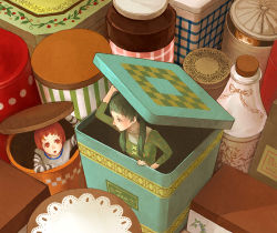 Rule 34 | brown eyes, brown hair, green hair, in container, mikihisa415, mini person, minigirl, original, personification, red eyes, red hair, tea