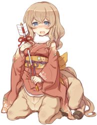 Rule 34 | 1girl, 7010, arrow (projectile), blue eyes, blush, brown hair, centaur, hamaya, japanese clothes, kimono, looking at viewer, monster girl, new year, open mouth, original, smile, solo, taur