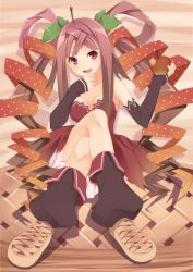 Rule 34 | 1girl, :d, absurdres, apple, apple pie, bad id, bad pixiv id, bare shoulders, breasts, detached sleeves, dress, feet, food, foreshortening, fruit, highres, kiya machi, crossed legs, long hair, looking at viewer, open mouth, original, personification, pie, red eyes, red hair, sitting, sleeves past wrists, smile, solo, strawberry, twintails, very long hair
