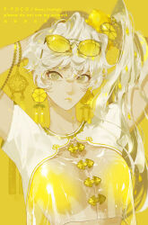 Rule 34 | 1girl, arm behind head, arms up, artist name, bracelet, breasts, buttons, closed mouth, earrings, eyelashes, eyewear on head, food, food-themed earrings, food-themed hair ornament, food themed earrings, fruit, grey eyes, hair between eyes, hair ornament, highres, jewelry, large breasts, lemon, lemon earrings, lemon hair ornament, lemon slice, long hair, looking at viewer, multicolored eyes, original, see-through, see-through shirt, semi (p-poco), shirt, short sleeves, side ponytail, simple background, solo, sunglasses, tinted eyewear, upper body, white hair, white shirt, yellow-tinted eyewear, yellow background, yellow eyes