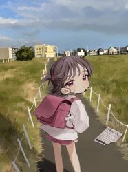 Rule 34 | 1girl, artist name, backpack, bag, bag charm, brown hair, building, candy, charm (object), child, closed mouth, cloud, cloudy sky, day, feet out of frame, film grain, flyer, food, from behind, grass, hair bobbles, hair ornament, highres, house, ishida umi, lollipop, long sleeves, looking at viewer, looking back, original, outdoors, randoseru, red eyes, red shorts, road, shirt, short hair, shorts, sky, solo, standing, translation request, two side up, watermark, white shirt