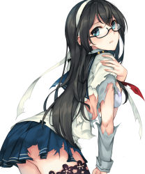 Rule 34 | 10s, 1girl, ass, black hair, black thighhighs, blue eyes, blue skirt, commentary request, epaulettes, from side, glasses, hair between eyes, hand on own arm, headband, highres, kantai collection, long hair, long sleeves, looking at viewer, ooyodo (kancolle), pleated skirt, rinarisa, school uniform, serafuku, simple background, skirt, solo, standing, thighhighs, torn clothes, very long hair, white background