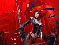 Rule 34 | 1girl, armor, blood, bloodrayne, bloodrayne (videogame), bow, breasts, choker, cleavage, collar, dhampir, elbow gloves, gloves, green eyes, half-human, jewelry, large breasts, leather, lingerie, necklace, red hair, red theme, ribbon, solo, thighhighs, undead, underwear, vampire