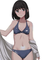 Rule 34 | 1girl, animal print, bikini, black eyes, black hair, breasts, commentary, cowboy shot, fish print, front-tie bikini top, front-tie top, fubuki (kancolle), grey bikini, highres, jacket, kantai collection, medium hair, navel, official alternate hairstyle, simple background, small breasts, solo, swimsuit, tirasi (so), white background, white jacket
