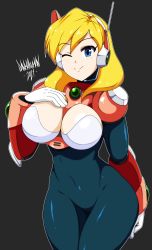 Rule 34 | 1girl, absurdres, alia (mega man), android, armor, blonde hair, blue eyes, blush, breasts, capcom, cleavage, cowboy shot, danmakuman, hand on own hip, highres, large breasts, mega man (series), mega man x (series), navel, robot ears, solo, standing