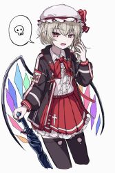 Rule 34 | 1girl, absurdres, black jacket, black thighhighs, blonde hair, bow, bowtie, buttons, center frills, collared shirt, cropped legs, crystal, fingernails, flandre scarlet, frills, hat, highres, holding, holding umbrella, jacket, long hair, long sleeves, mob cap, nail polish, one side up, open clothes, open jacket, pleated skirt, red bow, red bowtie, red eyes, red nails, red skirt, shirt, simple background, skirt, solo, spoken skull, thighhighs, touhou, umbrella, white background, white hat, white shirt, wings, yonoisan