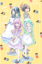 Rule 34 | apron, aqua eyes, aqua hair, atsuko (blue archive), bandaged neck, bandages, black footwear, black shirt, blue archive, blue flower, blue rose, braid, brown hair, chocolate, cookie, dress, earrings, flower, food, green dress, hair ornament, hairclip, halo, highres, hiyori (blue archive), jewelry, long hair, low twin braids, mary janes, misaki (blue archive), pantyhose, plaid, plaid dress, purple dress, purple hair, red eyes, rose, saori (blue archive), shio (tsumiki asobi), shirt, shoes, side ponytail, twin braids, white pantyhose, yellow background