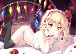 Rule 34 | 1girl, bare arms, bare shoulders, bed, black thighhighs, blonde hair, blush, bow, bow panties, bra, commentary request, crystal, curtains, feet out of frame, flandre scarlet, flower, frills, hair between eyes, hair ribbon, hairband, hands up, indoors, long hair, looking at viewer, lying, maid headdress, miyase mahiro, no shoes, on stomach, one side up, panties, parted lips, petals, red eyes, red flower, red hairband, red ribbon, red rose, ribbon, rose, rose petals, shadow, side-tie panties, solo, thighhighs, thighs, touhou, underwear, underwear only, white bra, white panties, wings, wrist cuffs