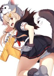 Rule 34 | 1girl, animal hands, animal hood, bad id, bad twitter id, bite mark, black skirt, blonde hair, blush, breasts, dog hood, dog tail, fake tail, fangs, gloves, hair flaps, hair ornament, hair ribbon, hairclip, hand on own hip, highres, hood, ichikawa feesu, kantai collection, long hair, medium breasts, neckerchief, open mouth, panties, paw gloves, paw shoes, pleated skirt, red eyes, red neckerchief, ribbon, sailor collar, school uniform, scratches, serafuku, shoes, short sleeves, skirt, solo, t-head admiral, tail, underwear, white background, white panties, yuudachi (kancolle)