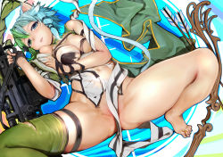 Rule 34 | 10s, 1girl, animal ears, anti-materiel rifle, arrow (projectile), ass, barefoot, between toes, blue eyes, blue hair, bottomless, bow (weapon), breasts, cat ears, cat tail, convenient censoring, dual persona, feet, fingerless gloves, gloves, green eyes, green hair, green thighhighs, gun, heterochromia, highres, jewelry, mikazuki akira!, multicolored hair, navel, no panties, open mouth, rifle, short hair, single glove, single thighhigh, sinon, sinon (sao-alo), sniper rifle, spread legs, sword art online, tail, thigh strap, thighhighs, toe ring, toes, torn clothes, weapon