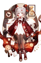 Rule 34 | 1girl, argyle, argyle background, argyle clothes, bag, black gloves, blush, boots, brown eyes, brown pantyhose, closed mouth, commentary request, cookie, dress, food, full body, gloves, grey hair, hair ornament, hairclip, handbag, highres, holding, holding bag, jacket, juexing (moemoe3345), long hair, long sleeves, looking at viewer, open clothes, open jacket, original, pantyhose, pretzel, puffy long sleeves, puffy sleeves, red footwear, red jacket, single glove, sleeves past wrists, smile, solo, standing, twintails, white background, white dress, x hair ornament