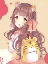 Rule 34 | 1girl, :d, animal ear fluff, animal ears, backpack, bag, blunt bangs, bow, brown background, brown eyes, brown hair, caramel (caramelmilk), chinese zodiac, commentary request, dress, from behind, hair bow, highres, long hair, long sleeves, looking at viewer, looking back, open mouth, original, puffy long sleeves, puffy sleeves, red bow, red dress, shirt, sleeveless, sleeveless dress, sleeves past wrists, smile, solo, tiger ears, very long hair, white shirt, year of the tiger