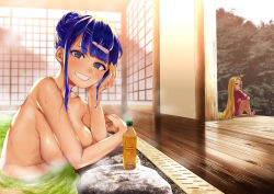 Rule 34 | 2girls, arm support, bare legs, barefoot, blonde hair, blue eyes, blue hair, blush, bottle, breasts, commentary, convenient arm, day, drink, grin, hair bun, hair ornament, hairclip, half updo, hand on own cheek, hand on own face, hand on own head, highres, knees to chest, legs together, long hair, looking at viewer, medium breasts, multiple girls, onsen, original, partially submerged, pink shirt, porch, pout, rock, shirt, short hair, sideboob, sidelocks, single hair bun, smile, solo focus, steam, straight hair, teeth, topknot, topless, upper body, veranda, water, wet, yumeno tanuki