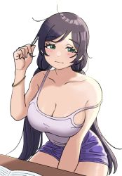 Rule 34 | 1girl, bracelet, breasts, check commentary, cleavage, commentary, commentary request, dunchy, green eyes, half-closed eyes, highres, jewelry, large breasts, long hair, looking at viewer, love live!, love live! school idol project, purple hair, reading, simple background, solo, strap slip, tojo nozomi, twintails, white background