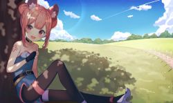 Rule 34 | 1girl, :d, absurdres, animal ear fluff, animal ears, belt, black gloves, black pantyhose, blue dress, blush, choker, cloud, cloudy sky, dappled sunlight, day, dress, fang, fingerless gloves, flat chest, foot out of frame, gloves, gradient sky, halo, high heels, highres, kirihime ria, knee up, looking at viewer, multicolored hair, nam (nam990902), open mouth, outdoors, pantyhose, pink eyes, pink hair, shade, short hair, sidelocks, sitting, sky, smile, solo, streaked hair, sunlight, tree, tsunderia, virtual youtuber, white footwear