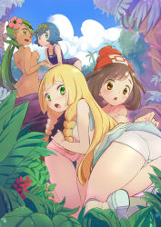 Rule 34 | 4girls, ass, beanie, black hair, blonde hair, blue eyes, blue hair, blue one-piece swimsuit, braid, breasts, brown eyes, butt crack, chorimokki, clothed female nude female, clothes lift, creatures (company), dark-skinned female, dark skin, dress, dress lift, game freak, green eyes, green hair, hat, interlocked fingers, lana (pokemon), leaf, lillie (pokemon), long hair, looking at viewer, mallow (pokemon), multiple girls, nintendo, nipples, nude, one-piece swimsuit, open mouth, palm tree, panties, perky breasts, pink panties, plant, pokemon, pokemon sm, selene (pokemon), short hair, sitting, swimsuit, topless, tree, twin braids, twintails, underwear, white panties, yuri