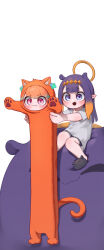 Rule 34 | 2girls, :d, absurdres, animal costume, appleblossomtea, black shorts, blunt bangs, blush, cat costume, center-flap bangs, chibi, chibi only, commentary, english commentary, fang, full body, gradient hair, halo, highres, hololive, hololive english, longcat (meme), meme, mole, mole under eye, multicolored hair, multiple girls, ninomae ina&#039;nis, ninomae ina&#039;nis (loungewear), open mouth, orange hair, pointy ears, purple hair, shirt, shorts, sidelocks, simple background, slippers, smile, straight hair, takanashi kiara, takodachi (ninomae ina&#039;nis), tentacle hair, virtual youtuber, whiskers, white background, white shirt
