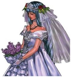 Rule 34 | 1girl, bouquet, breasts, bridal veil, bride, dress, flower, gloves, lenneth valkyrie, long hair, lowres, official art, simple background, skirt, solo, valkyrie, valkyrie profile (series), veil, white background, white dress, white gloves, yoshinari you