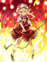 Rule 34 | 1girl, ascot, bad id, bad pixiv id, blonde hair, eredhen, fire, flandre scarlet, hat, hat ribbon, laevatein, mob cap, open mouth, pointing, pointing at viewer, puffy short sleeves, puffy sleeves, red eyes, ribbon, shirt, short sleeves, side ponytail, skirt, skirt set, solo, touhou, vest, wings
