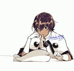 Rule 34 | 1boy, animal focus, arjuna (fate), bishounen, black mouth, bottle, brown hair, capelet, dark-skinned male, dark skin, drinking, elbow rest, fate/grand order, fate (series), fish, gloves, hair between eyes, hand on own face, head rest, highres, holding, holding bottle, indian clothes, kotobuki mituru, looking at animal, male focus, mouth hold, open mouth, papico (ice cream), sacabambaspis, simple background, solo, triangle mouth, twitter username, upper body, watermark, white background, white capelet, white gloves