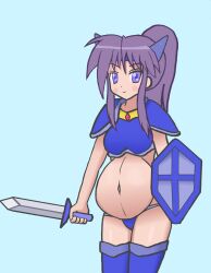 Rule 34 | 1girl, armor, bikini armor, highres, hiiragi miki, knight (final fantasy), lucky star, ponytail, pregnant, psword, purple hair