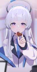 Rule 34 | 1girl, aur hkgn, blue archive, blue necktie, blush, chocolate, closed mouth, collared shirt, food, grey hair, halo, highres, holding, holding food, jacket, long hair, long sleeves, looking at viewer, mechanical halo, necktie, noa (blue archive), open clothes, open jacket, purple eyes, shirt, smile, solo, two-sided fabric, two-sided jacket, white jacket, white shirt
